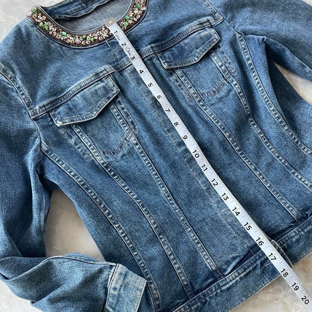 Tahari Embellished Bead Sequin Neckline Denim Jacket - Picture 8 of 8